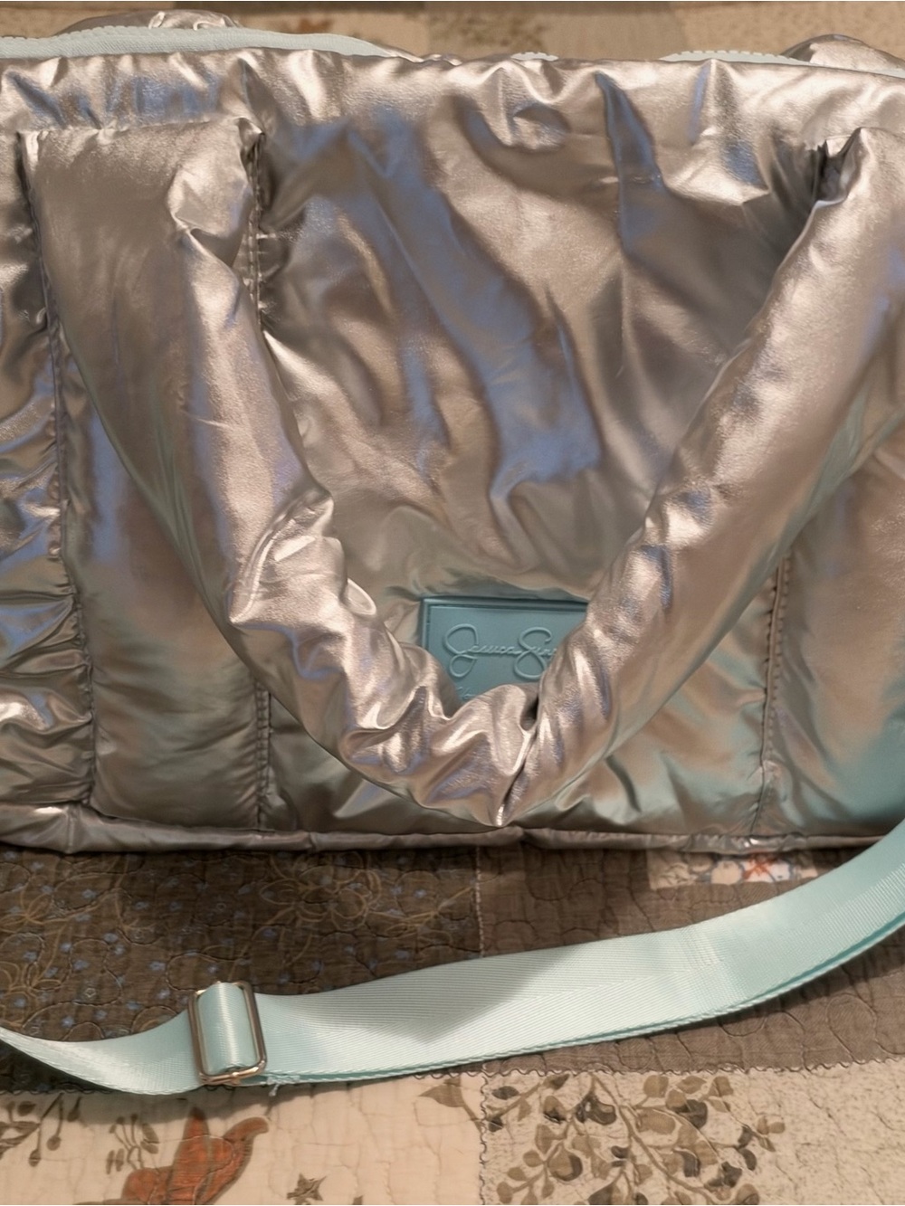 Jessica Simpson Iridescent Silver Puffer Tote with Mint Strap